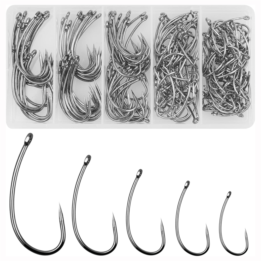 Fishing Hook Assortment - ชุดตะขอตกปลาไร้เงี่ยง180ชิ้นตะขอตกปลาคาร์พตะขอโค้งรอกฟลายตะขอวงกลมสำหรับตกปลาคาร์พ