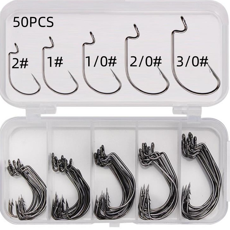 Fishing Hook Offset - เบ็ดตกปลาเหล็กกล้าคาร์บอนสูง 50 ชิ้น/กล่อง แบบออฟเซ็ต ปากกว้าง มีเงี่ยง