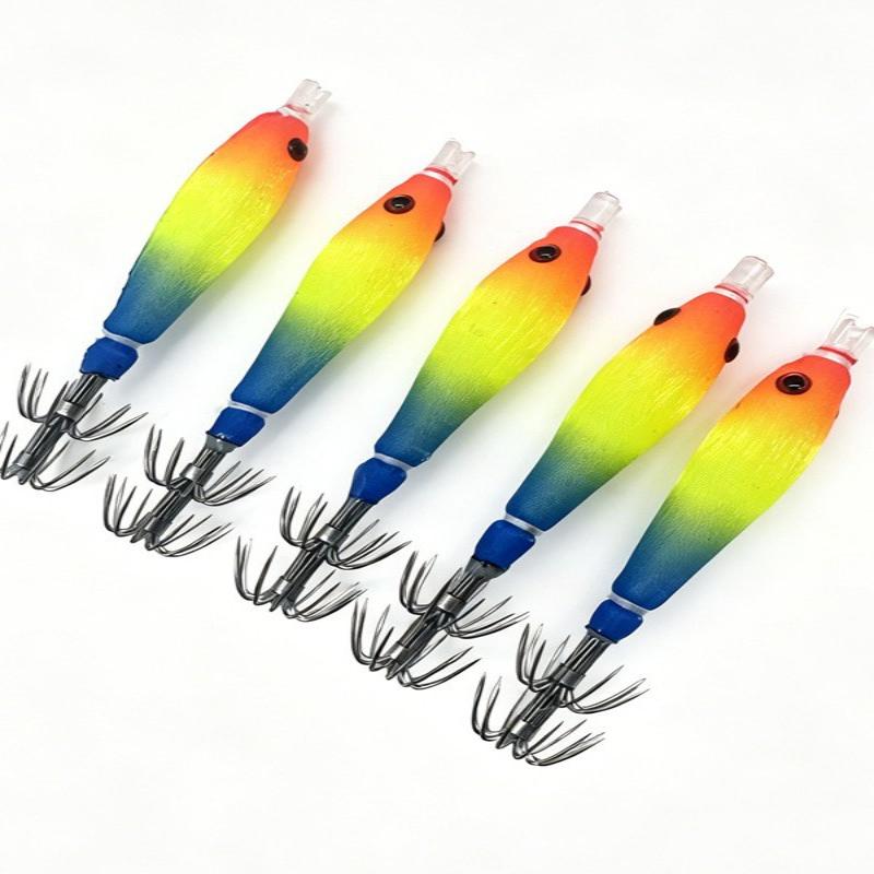 Fishing Hook Jig - เหยื่อตกปลาหมึกเรืองแสง 5 ชิ้น พร้อมตะขอคู่แบบร่ม สำหรับตกปลาหมึกยักษ์ เหยื่อกุ้งไม้เนื้อนุ่ม