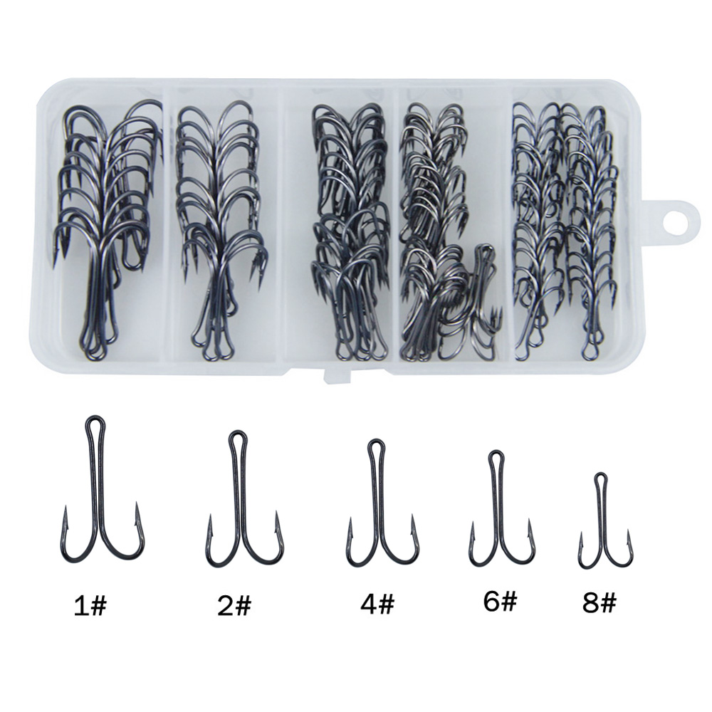Fishing Hook Jig - 100 ชิ้น/กล่องสูงเหล็กคาร์บอนสีดำคู่ตะขอตกปลาชุดผูกตะขอคู่ Jig Bass Fishhook